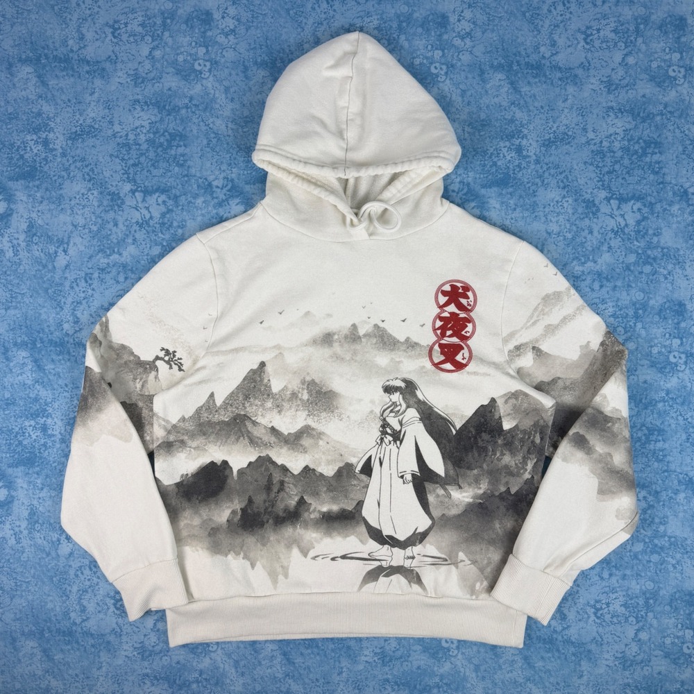 InuYasha Kikyo Mountain Graphic Hoodie Mens S Fits L Cream Anime Pullover